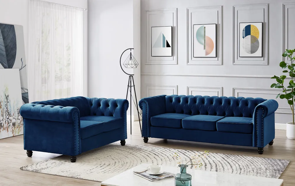 Harper Chesterfield Studded Blue Velvet 3 Seater Sofa