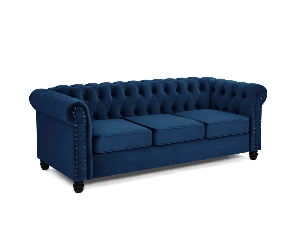 Harper Chesterfield Studded Blue Velvet 3 Seater Sofa