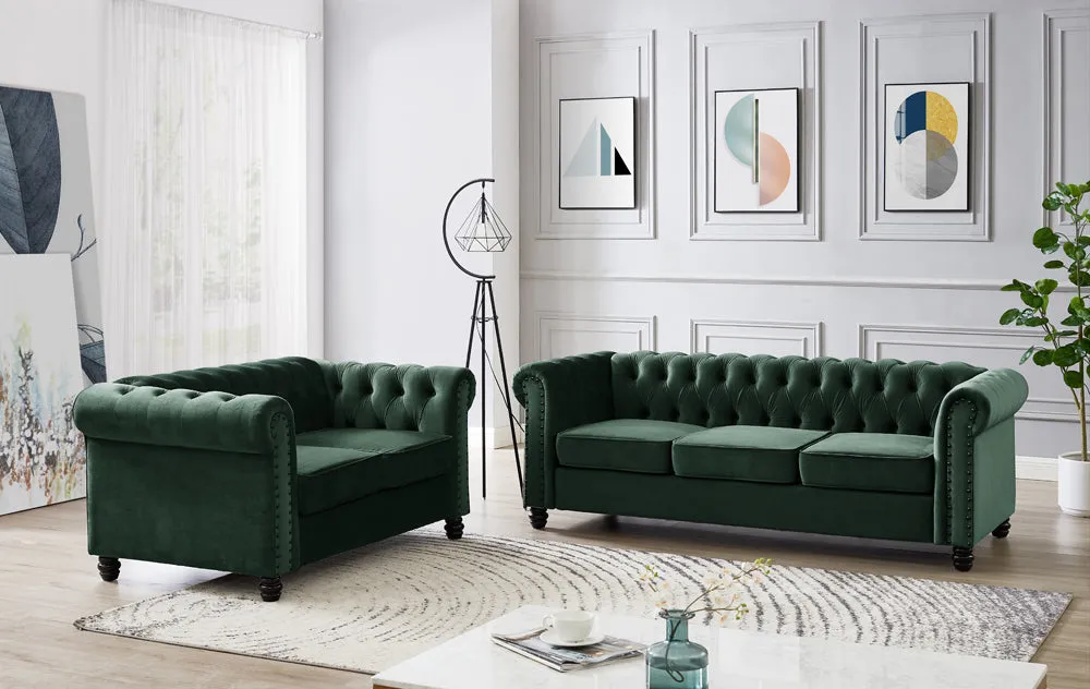 Harper Chesterfield Studded Green Velvet 2 Seater Sofa