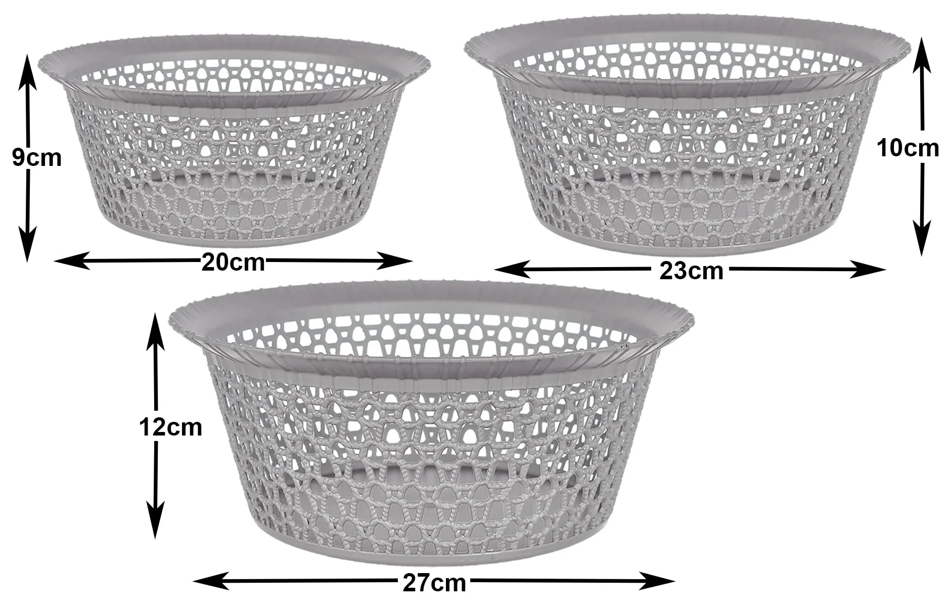 Heart Home Multipurposes Round Plastic Basket, Organizer for Kitchen, Countertops, Cabinets, Bathrooms- Set of 3 (Grey) -46KHH02