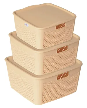 Heart Home Netted Design Unbreakable Multipurpose Square Shape Plastic Storage Baskets with lid Small, Medium, Large Pack of 3 (Beige)