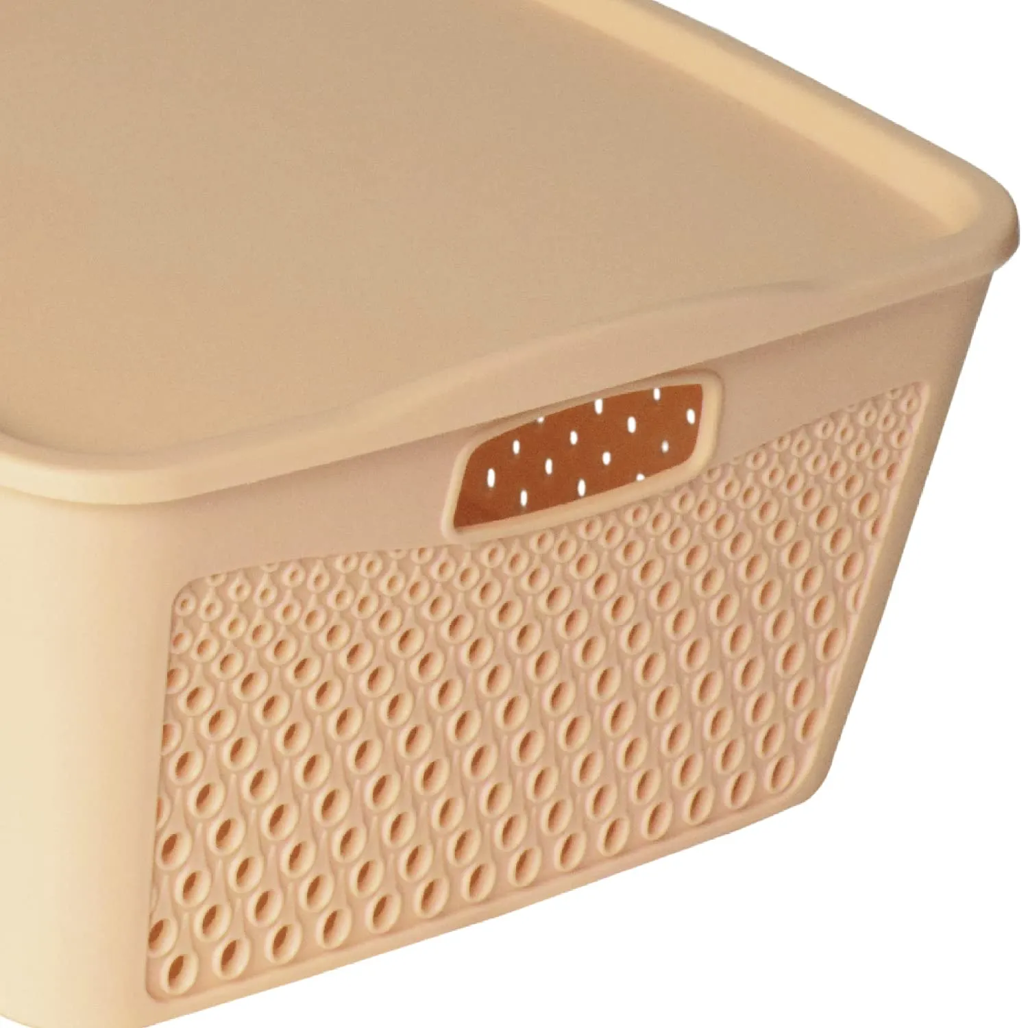 Heart Home Netted Design Unbreakable Multipurpose Square Shape Plastic Storage Baskets with lid Small, Medium, Large Pack of 3 (Beige)