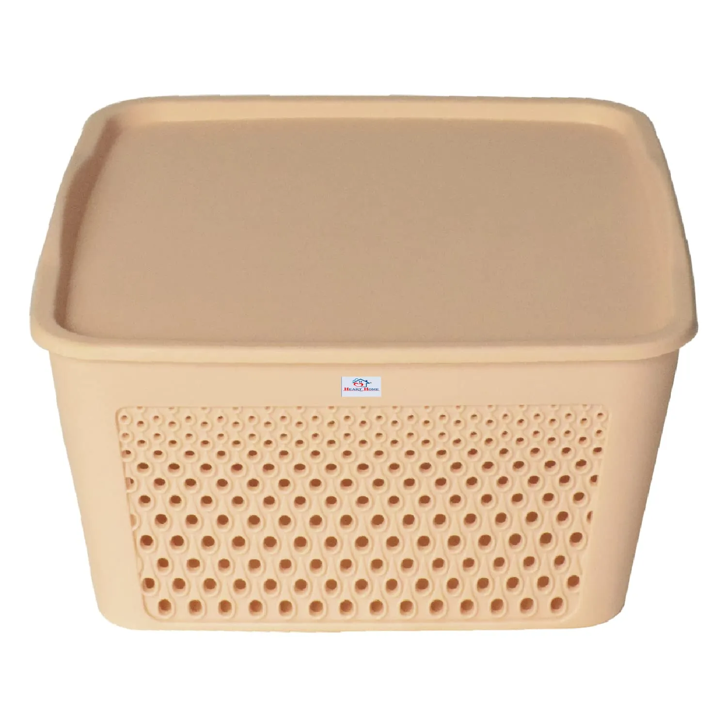 Heart Home Netted Design Unbreakable Multipurpose Square Shape Plastic Storage Baskets with lid Small, Medium, Large Pack of 3 (Beige)