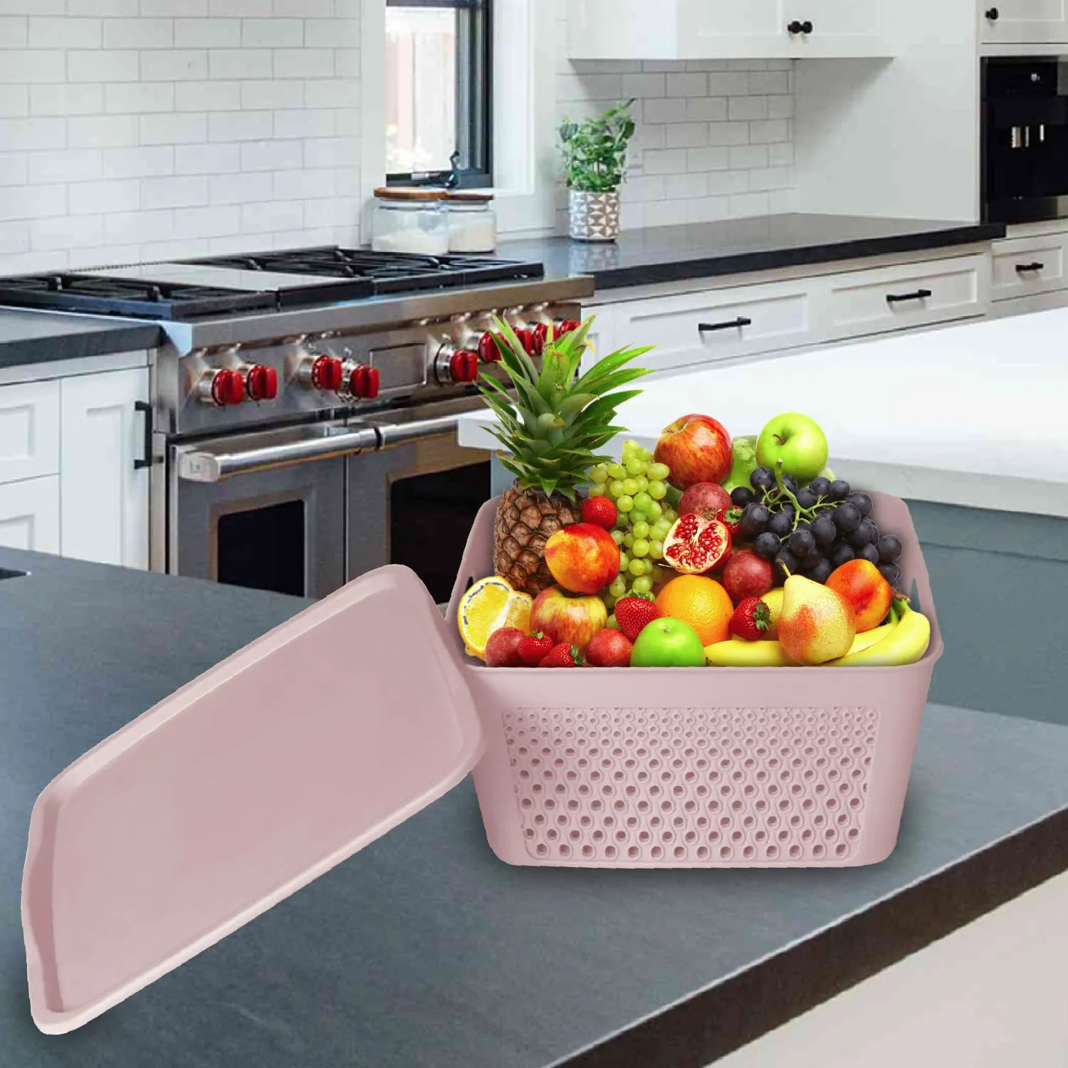Heart Home Netted Design Unbreakable Multipurpose Square Shape Plastic Storage Baskets with lid Small Pack of 3 (Grey)