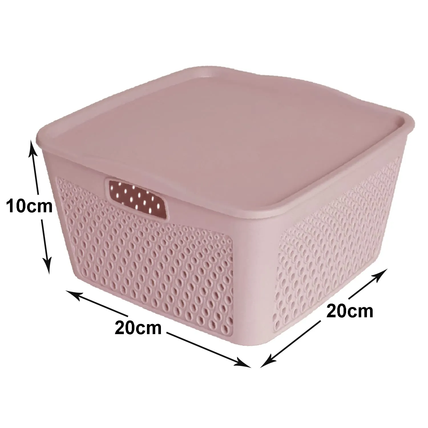 Heart Home Netted Design Unbreakable Multipurpose Square Shape Plastic Storage Baskets with lid Small Pack of 3 (Grey)