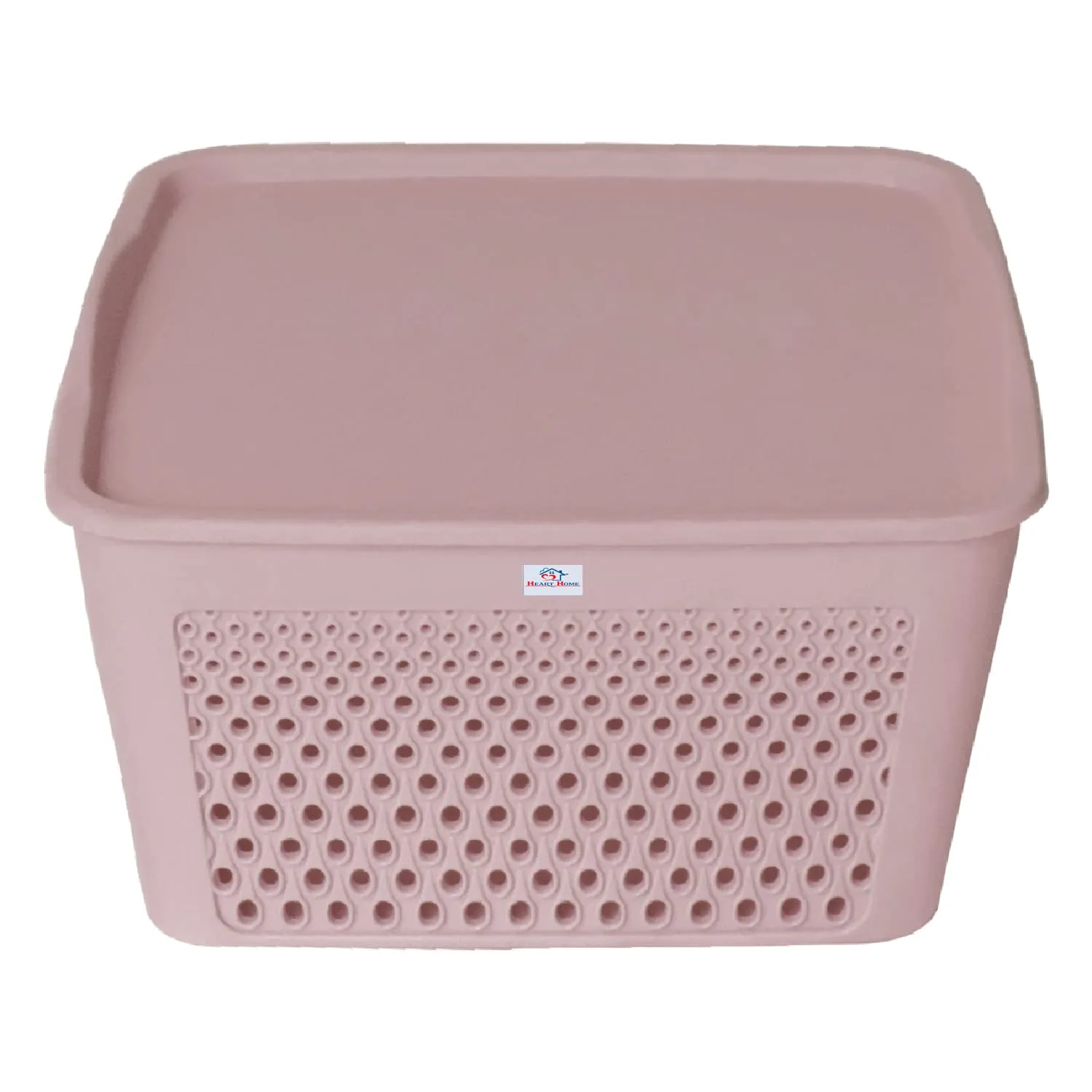Heart Home Netted Design Unbreakable Multipurpose Square Shape Plastic Storage Baskets with lid Small Pack of 3 (Grey)