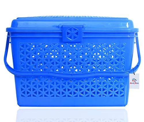 Heart Home Plastic Multipurpose Trendy Shopping Small Basket with Lid (Blue)-HEART11093