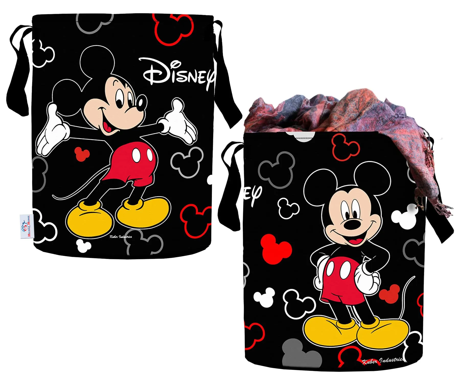 Heart Home Polyester Mickey Mouse Print Waterproof & Foldable Laundry Basket, 45 Ltr, Set of 2 (Black)