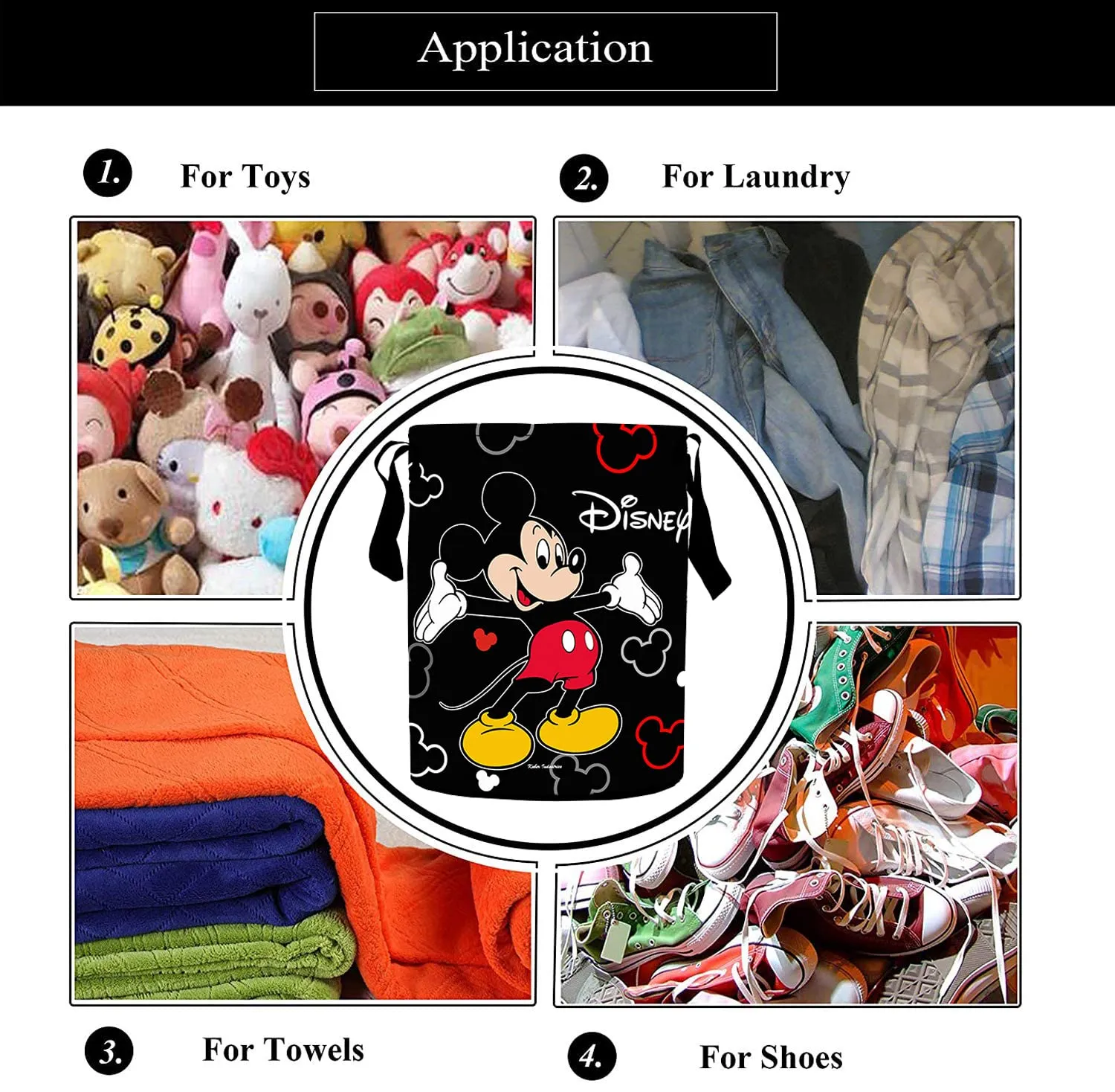 Heart Home Polyester Mickey Mouse Print Waterproof & Foldable Laundry Basket, 45 Ltr, Set of 2 (Black)