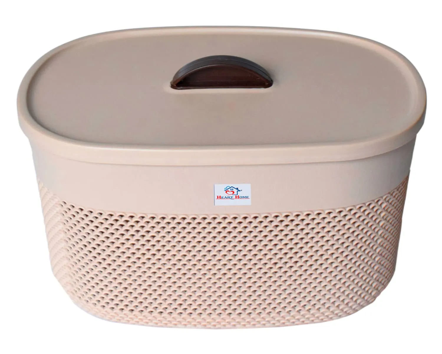 Heart Home Unbreakable Medium Multipurpose Storage Baskets with lid|Design-Netted|Material-Plastic|Shape-Oval|Color-Beige|Pack of 2