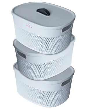 Heart Home Unbreakable Medium Multipurpose Storage Baskets with lid|Design-Netted|Material-Plastic|Shape-Oval|Color-Grey|Pack of 3