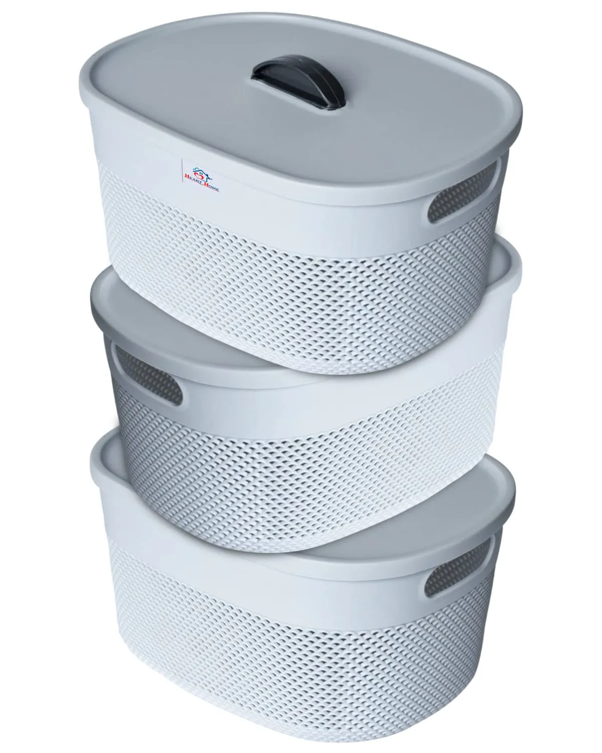 Heart Home Unbreakable Medium Multipurpose Storage Baskets with lid|Design-Netted|Material-Plastic|Shape-Oval|Color-Grey|Pack of 3