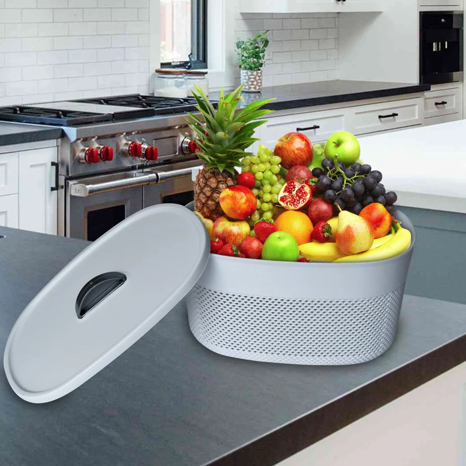 Heart Home Unbreakable Medium Multipurpose Storage Baskets with lid|Design-Netted|Material-Plastic|Shape-Oval|Color-Grey|Pack of 3
