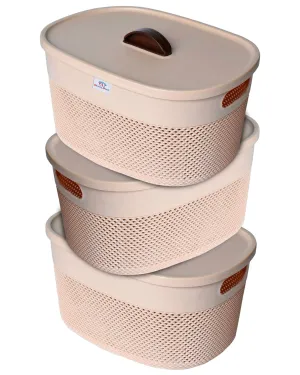 Heart Home Unbreakable Small Multipurpose Storage Baskets with lid|Design-Netted|Material-Plastic|Shape-Oval|Color-Beige|Pack of 3