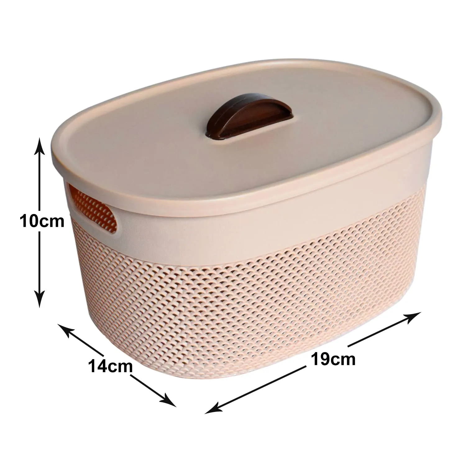 Heart Home Unbreakable Small Multipurpose Storage Baskets with lid|Design-Netted|Material-Plastic|Shape-Oval|Color-Beige|Pack of 3
