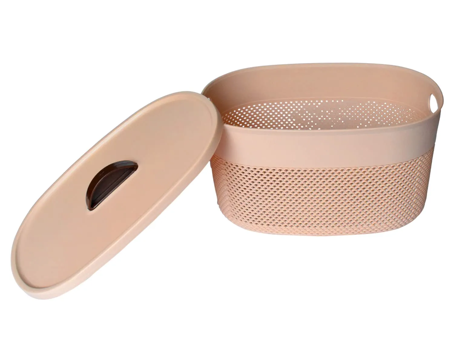 Heart Home Unbreakable Small Multipurpose Storage Baskets with lid|Design-Netted|Material-Plastic|Shape-Oval|Color-Beige|Pack of 3