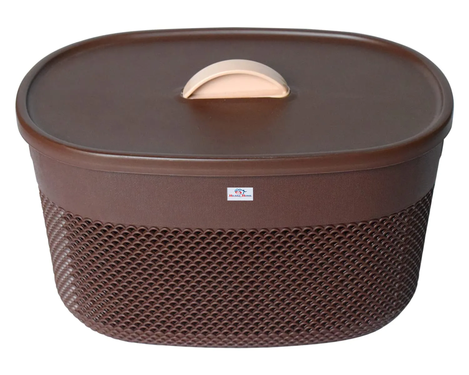 Heart Home Unbreakable Small Multipurpose Storage Baskets with lid|Design-Netted|Material-Plastic|Shape-Oval|Color-Brown,Beige and Grey|Pack of 3