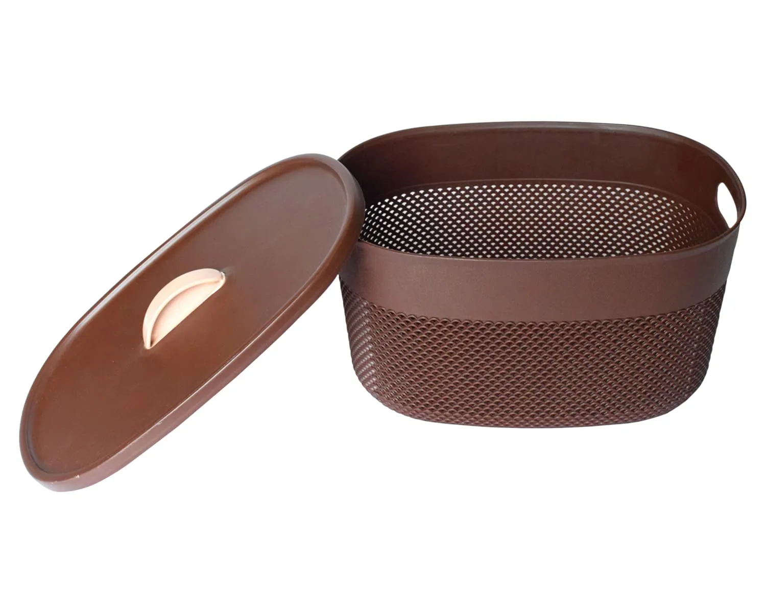 Heart Home Unbreakable Small Multipurpose Storage Baskets with lid|Design-Netted|Material-Plastic|Shape-Oval|Color-Brown|Pack of 2