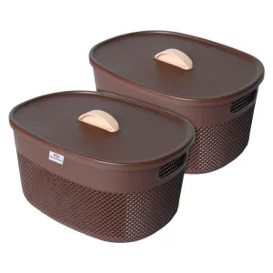 Heart Home Unbreakable Small Multipurpose Storage Baskets with lid|Design-Netted|Material-Plastic|Shape-Oval|Color-Brown|Pack of 2