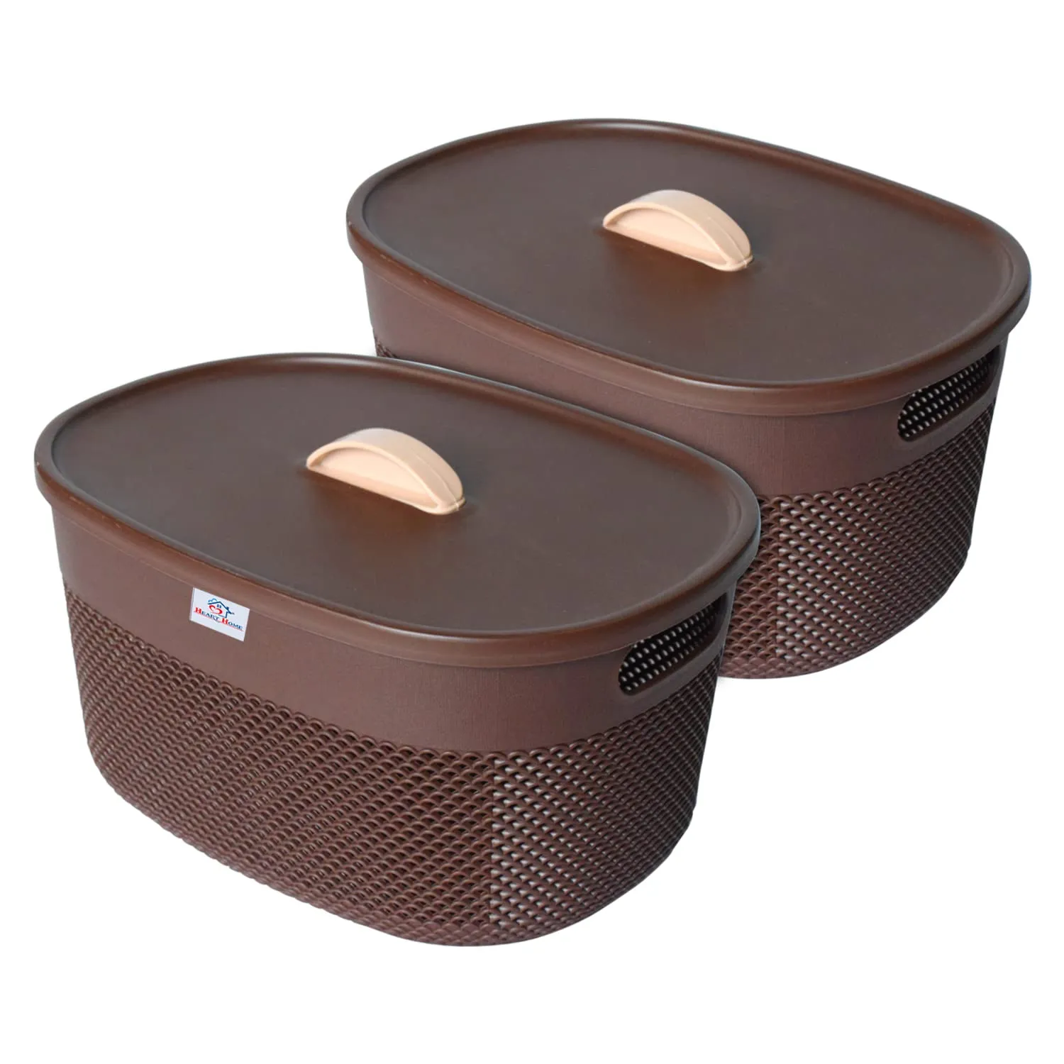 Heart Home Unbreakable Small Multipurpose Storage Baskets with lid|Design-Netted|Material-Plastic|Shape-Oval|Color-Brown|Pack of 2