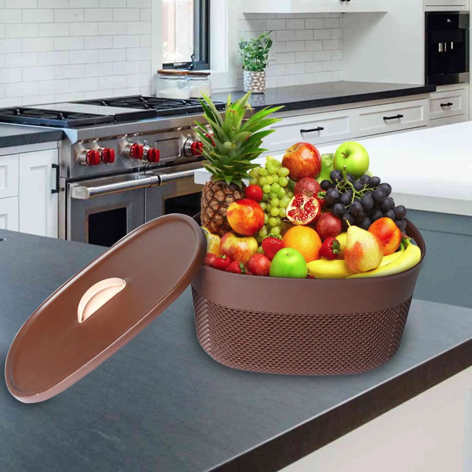 Heart Home Unbreakable Small Multipurpose Storage Baskets with lid|Design-Netted|Material-Plastic|Shape-Oval|Color-Brown|Pack of 2