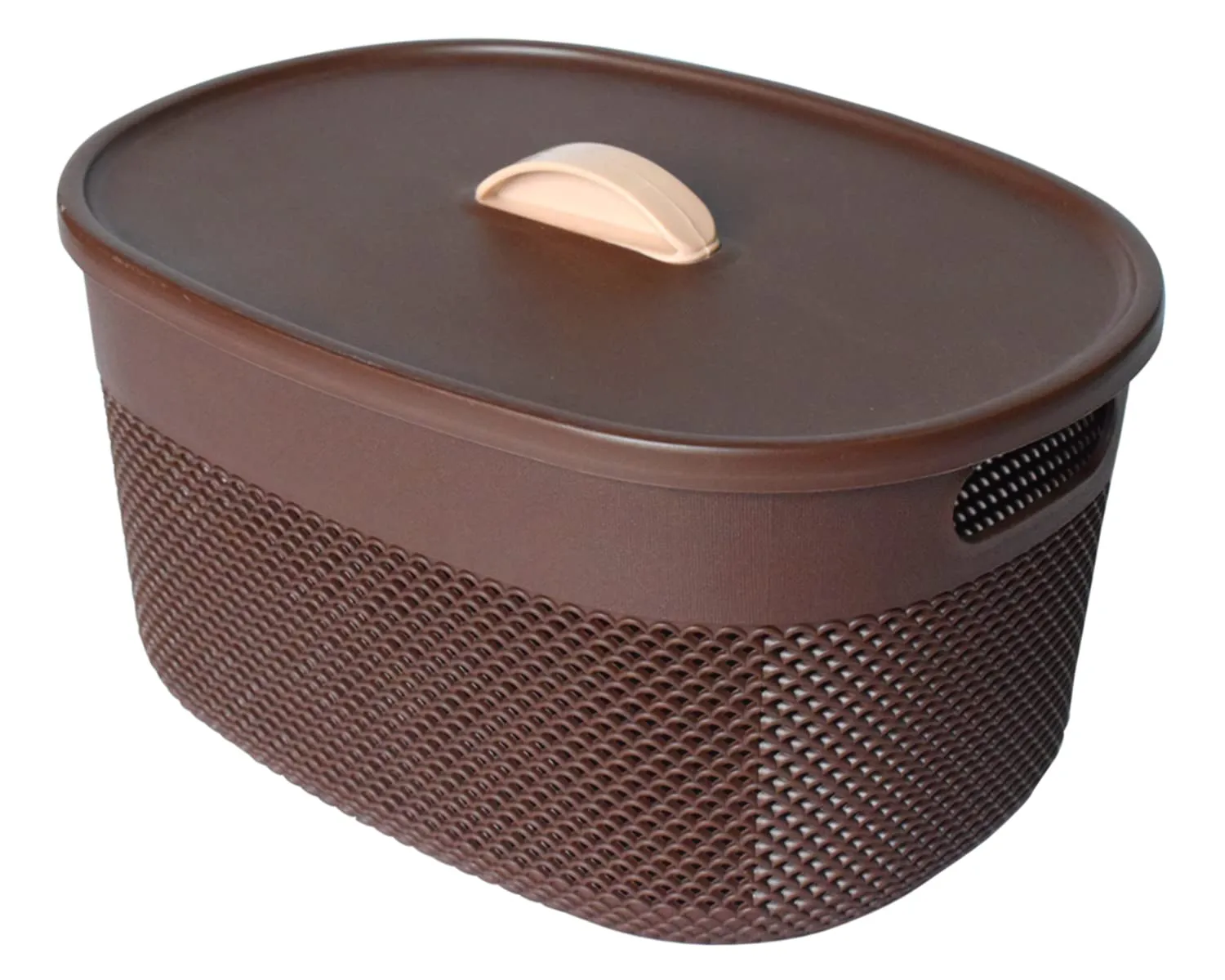Heart Home Unbreakable Small Multipurpose Storage Baskets with lid|Design-Netted|Material-Plastic|Shape-Oval|Color-Brown|Pack of 2