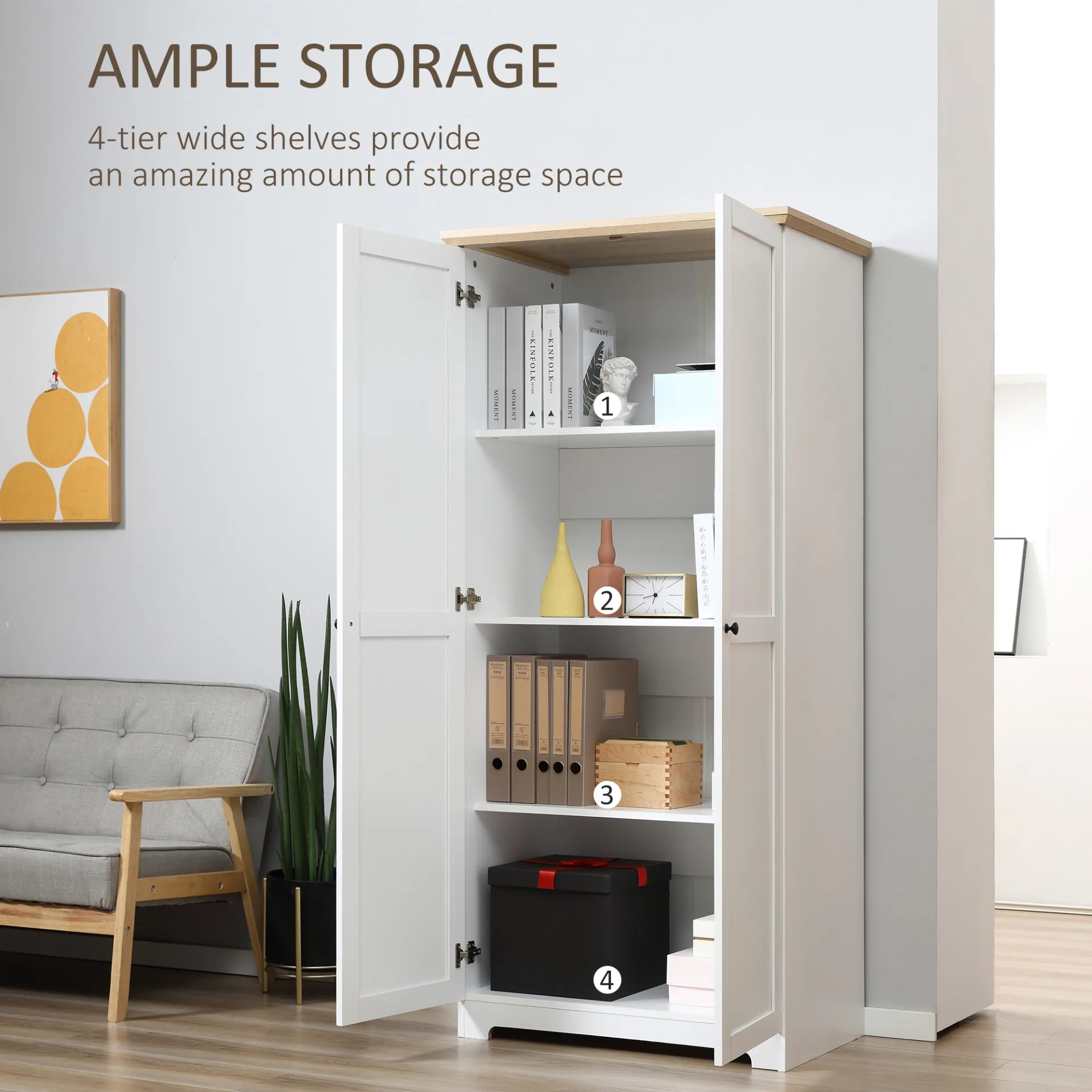 HOMCOM 172cm Wooden Kitchen Storage Cabinet - Versatile Cupboard with 2 Doors & 4 Shelves - White