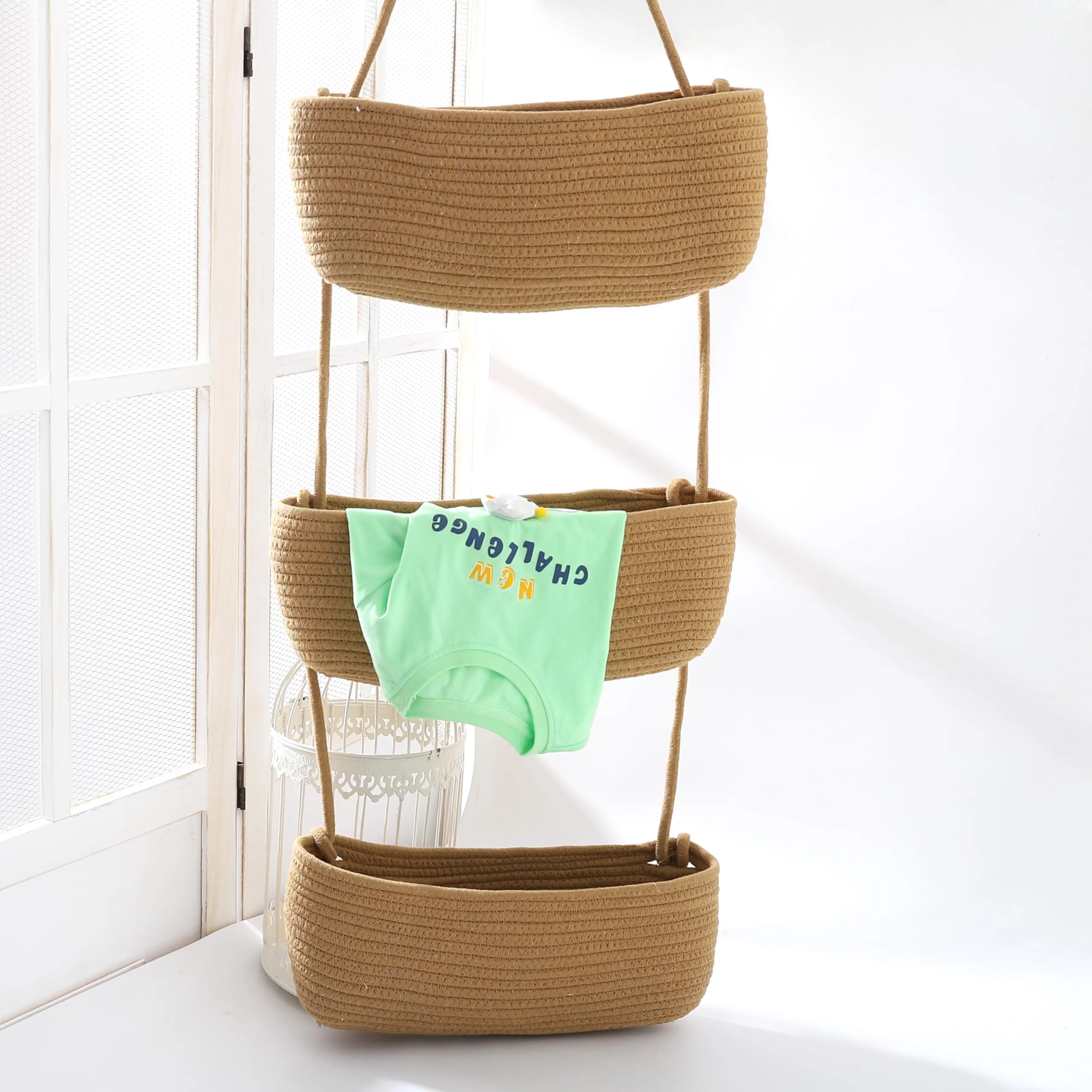 Homestic 3-Tier Hanging Basket | Wall Mounted Storage Basket | Hanging Rope Basket for Fruits, Vegetables, Plants, Snacks & Toys | Foldable & Durable | SPYLH1018 | 7 LTR Each | Brown