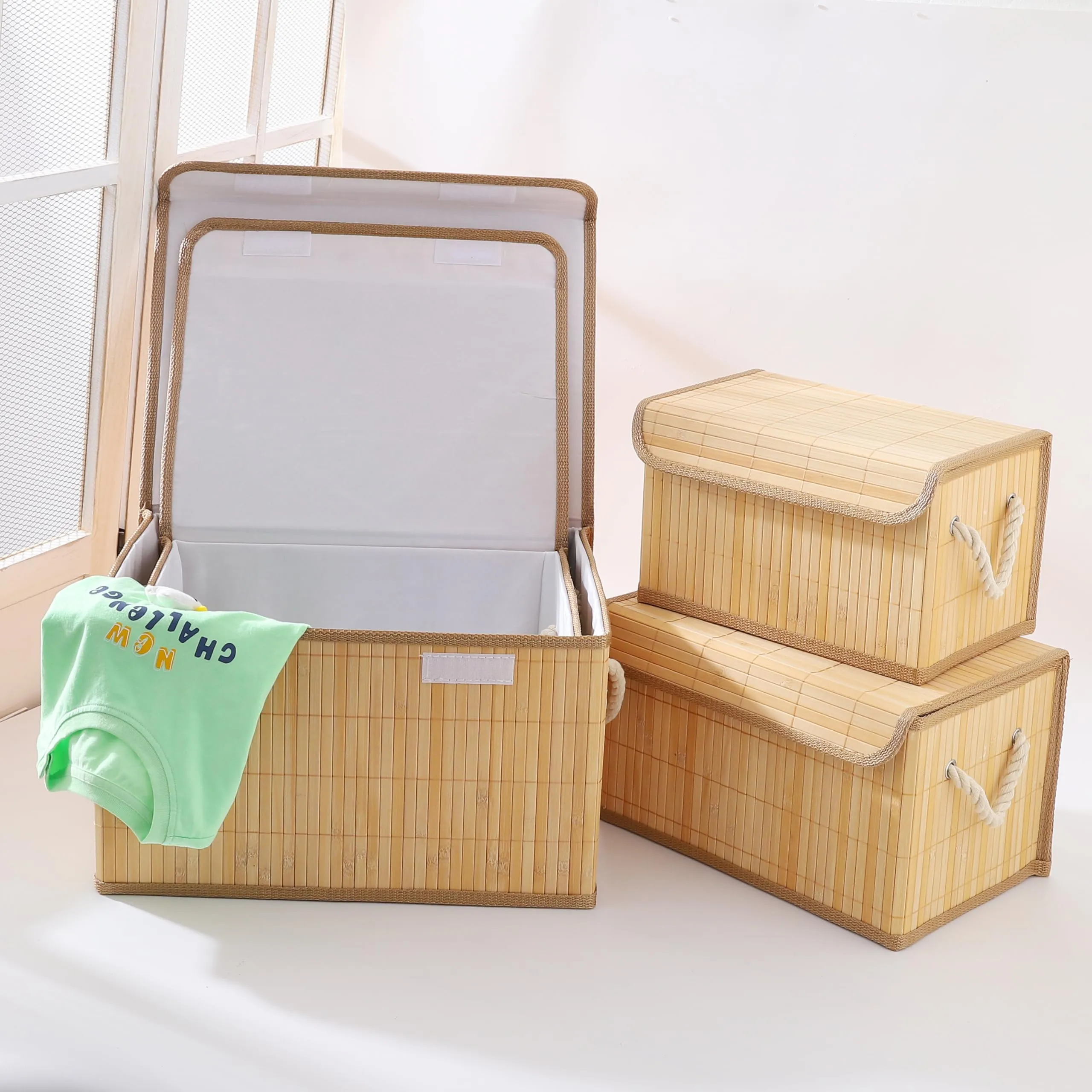 Homestic 4 Pcs Storage Basket | Bamboo Basket for Clothes-Toys | Storage Basket with Lid | Foldable & Durable | Pack of 1 | Brown