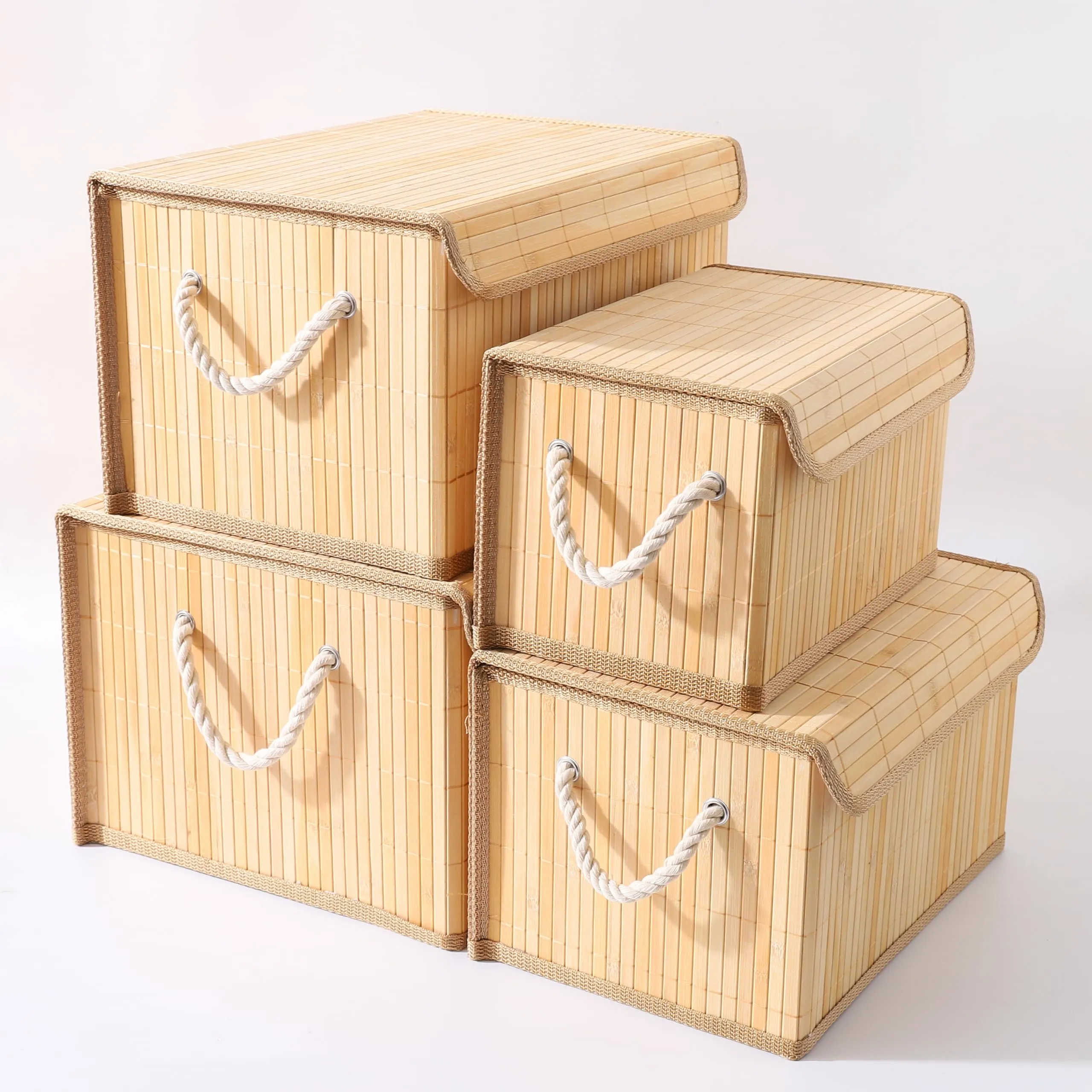 Homestic 4 Pcs Storage Basket | Bamboo Basket for Clothes-Toys | Storage Basket with Lid | Foldable & Durable | Pack of 1 | Brown