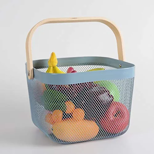 Homestic Metal Wire Basket With Handle|Storage Basket Fot Fruits, Books|Mesh Open Storage Bin|Storage Organizer|Blue