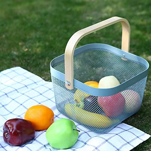 Homestic Metal Wire Basket With Handle|Storage Basket Fot Fruits, Books|Mesh Open Storage Bin|Storage Organizer|Blue