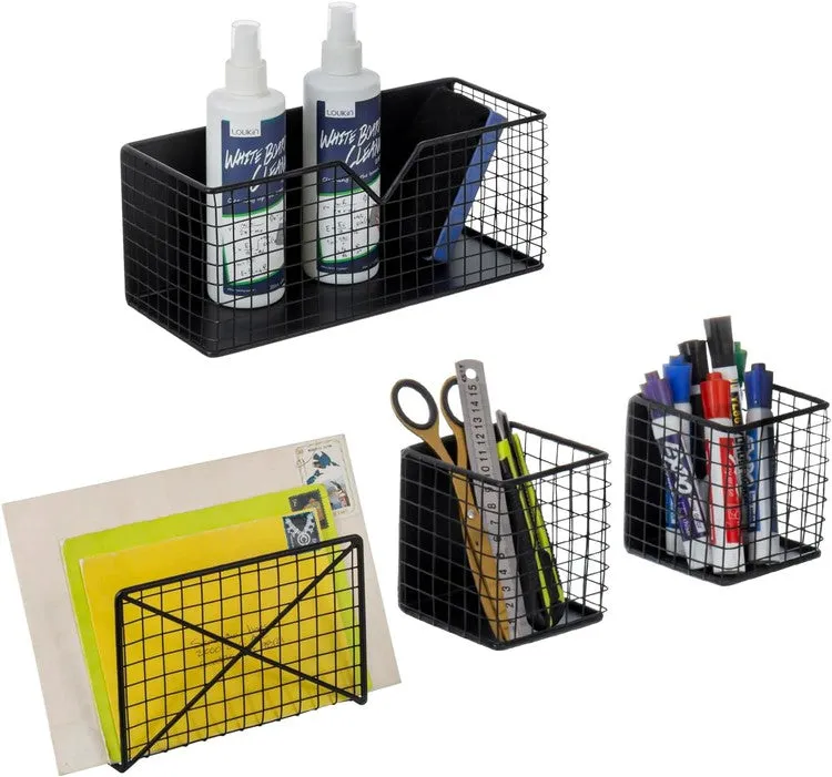 Industrial Matte Black Metal Wire Mesh Magnetic Baskets with Mail Sorter, File Storage Organizer, and Pen Holders