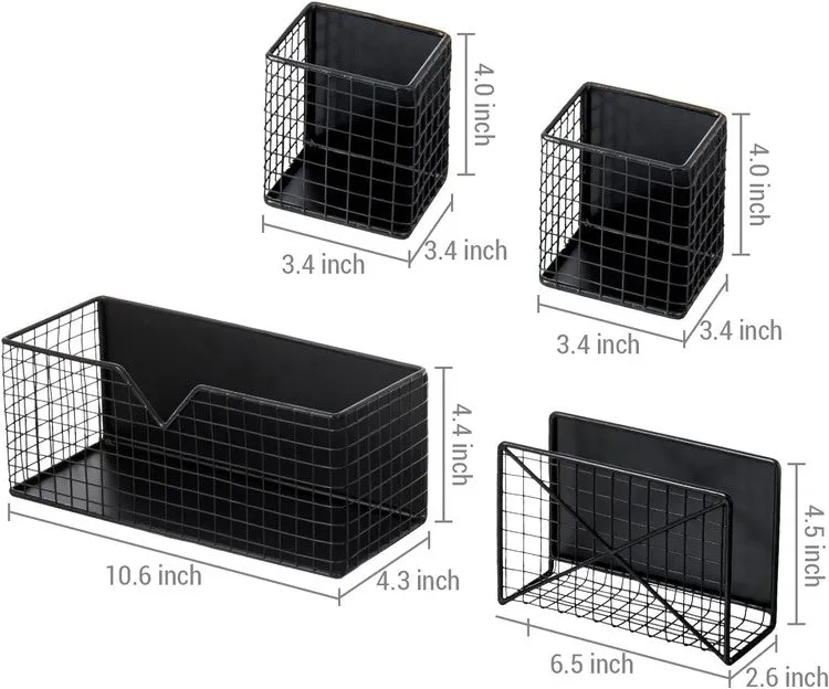 Industrial Matte Black Metal Wire Mesh Magnetic Baskets with Mail Sorter, File Storage Organizer, and Pen Holders
