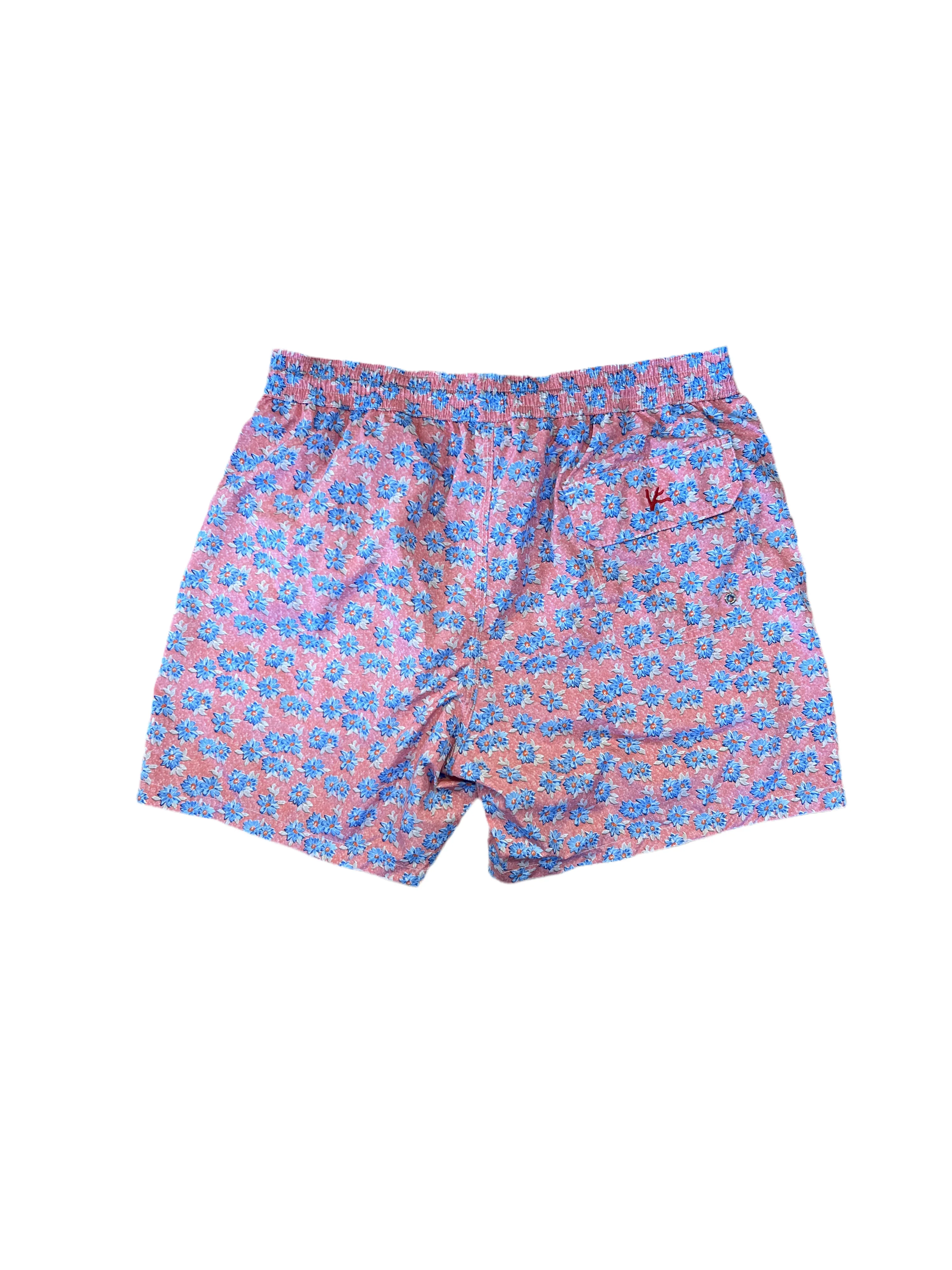 Isaia Mens Pink Blue Mini Floral Swim Trunk