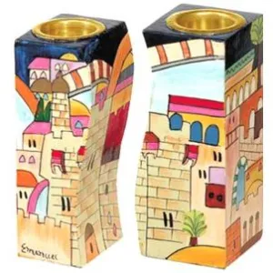 Jerusalem Hand Painted Wooden Fitted Shabbat Candlesticks by Yair Emanuel