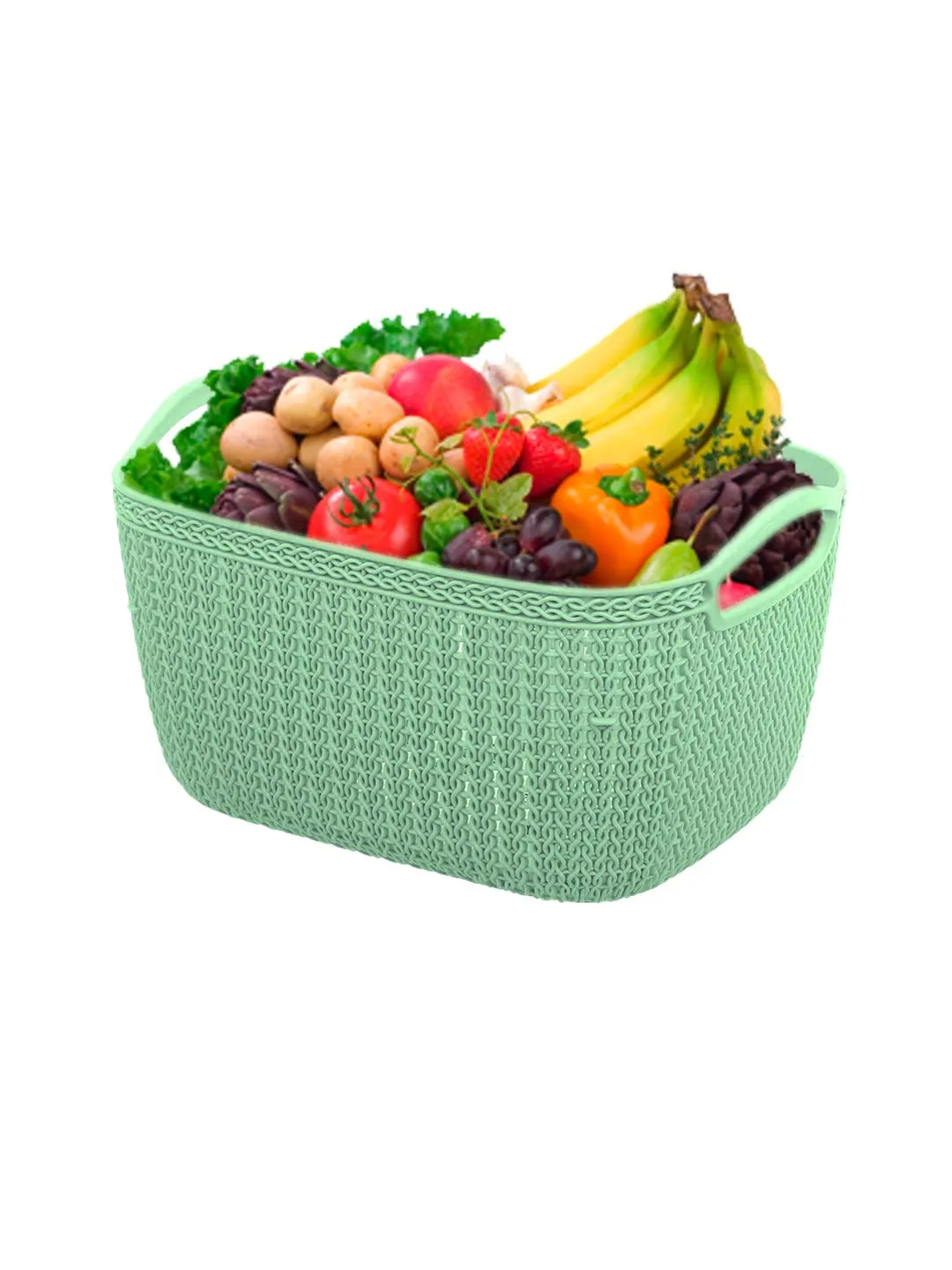 Kuber Industries Q-6 Unbreakable Plastic 2 Pieces Multipurpose Large Size Flexible Storage Baskets/Fruit Vegetable Bathroom Stationary Home Basket with Handles (Light Green)