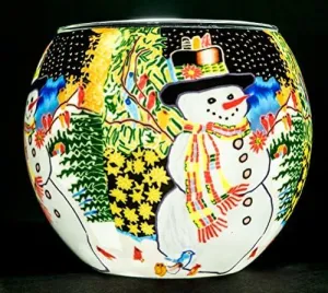 Light Glass Handcrafted Tea Light Holder Snowman Chorus with USB Rechargeable Light