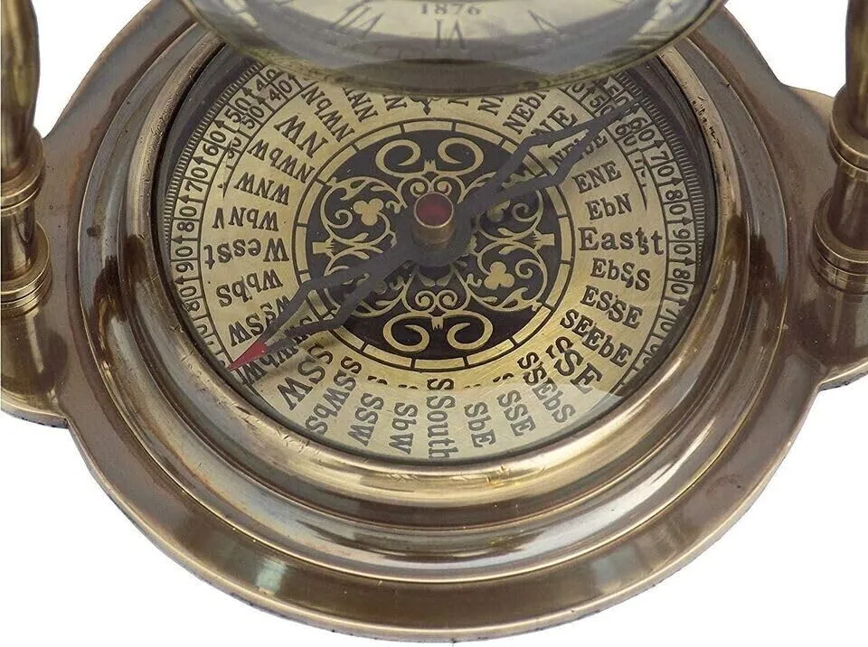 LINE WOOD™ - Nautical Brass Table Clock Desk Clock Watch with Wooden Base Direction Compass Victoria London Style for Home & Office, Study, Living Room Decor(6 Inch - Antique Brown)