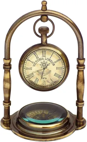 LINE WOOD™ - Nautical Brass Table Clock Desk Clock Watch with Wooden Base Direction Compass Victoria London Style for Home & Office, Study, Living Room Decor(6 Inch - Antique Brown)