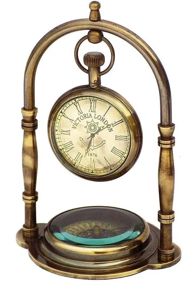 LINE WOOD™ - Nautical Brass Table Clock Desk Clock Watch with Wooden Base Direction Compass Victoria London Style for Home & Office, Study, Living Room Decor(6 Inch - Antique Brown)