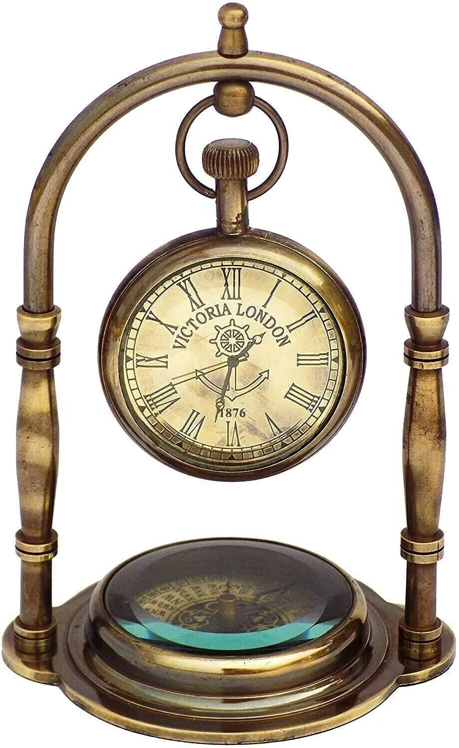LINE WOOD™ - Nautical Brass Table Clock Desk Clock Watch with Wooden Base Direction Compass Victoria London Style for Home & Office, Study, Living Room Decor(6 Inch - Antique Brown)