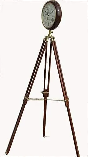 Nautical Wooden Tripod Stand with Clock Antique Style Handmade Tripod Clock Victoria Clock 42 inch Best for Living Room, Bed Room, and Office