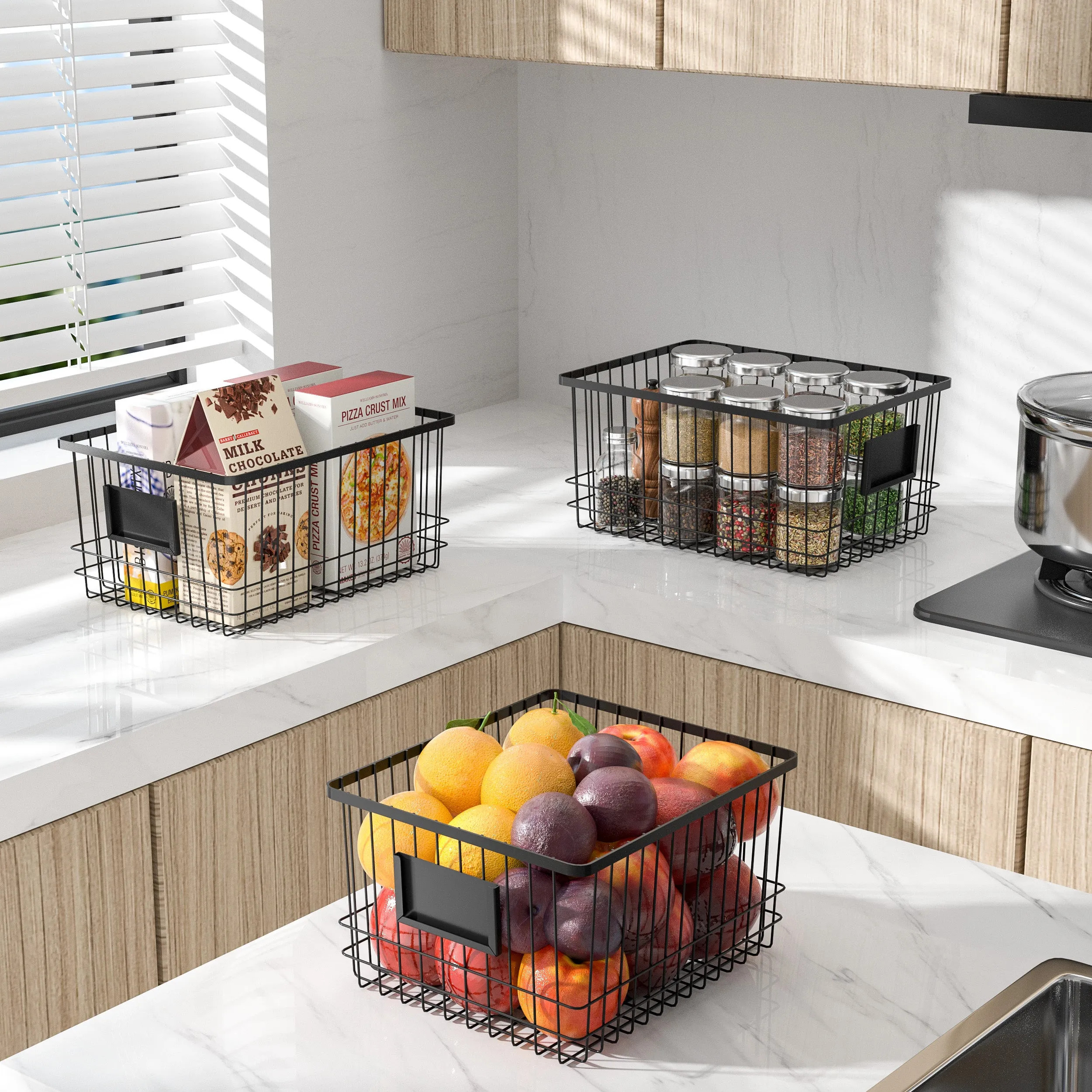 Oceanstar Metal Wire Organizer Bin Basket with Card Holder, Set of 3, Black - WBH1903