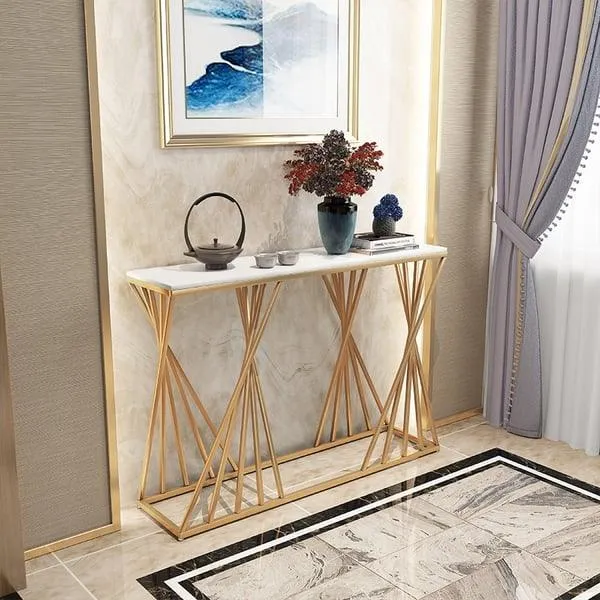 Opulent  Golden Console Table - Modern Rectangular Marble Top