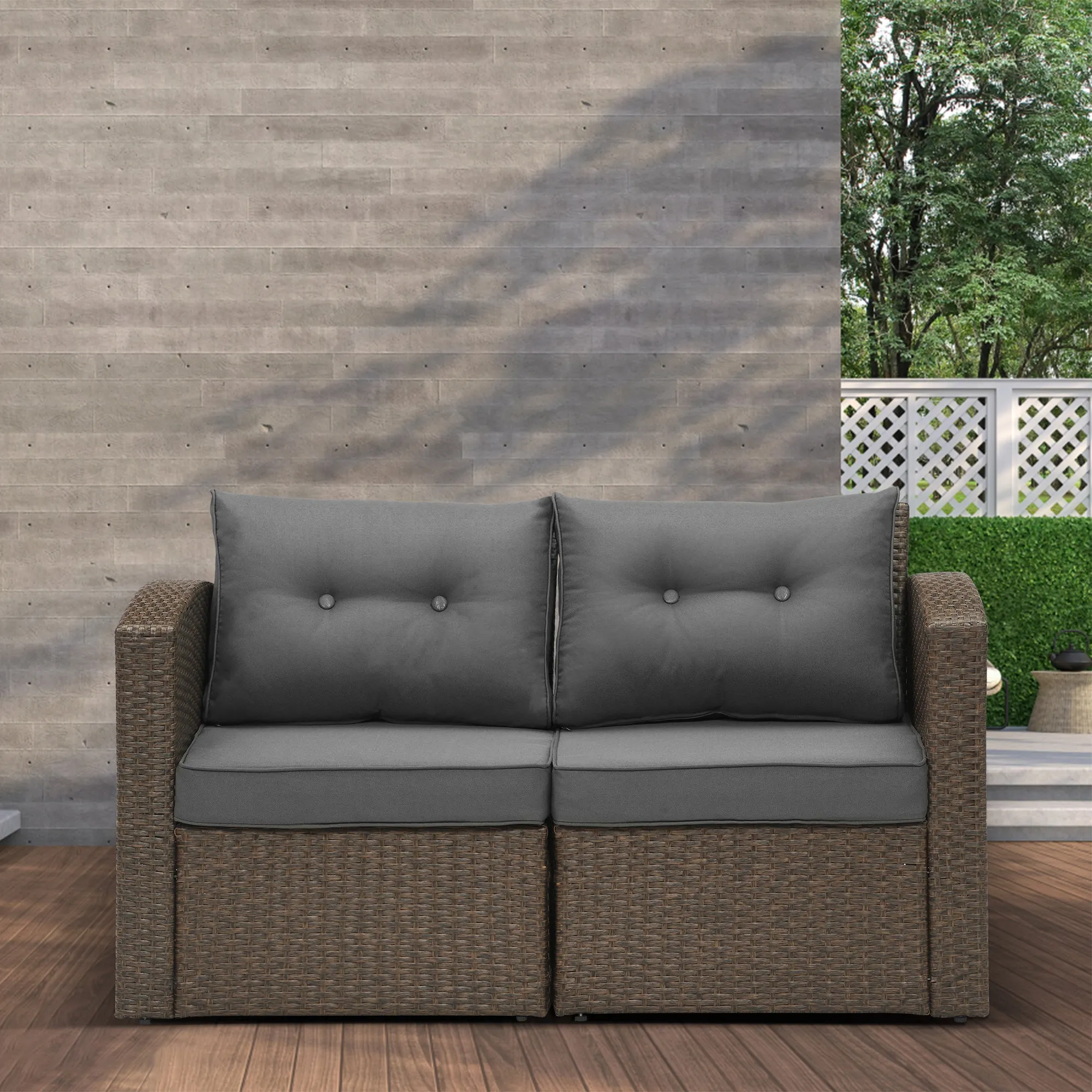 Outdoor Loveseat Patio Furniture Corner Sofa, All-Weather Brown Wicker 2-Piece Rattan Outdoor Sectional Couch Sofa Set with Non-slip Cushions,Aluminum Frame