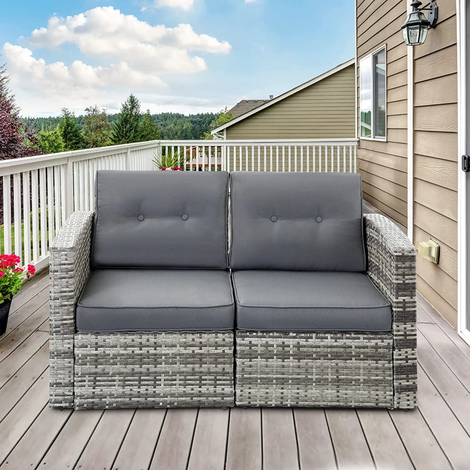 Outdoor Loveseat Patio Furniture Corner Sofa, All-Weather Brown Wicker 2-Piece Rattan Outdoor Sectional Couch Sofa Set with Non-slip Cushions,Aluminum Frame