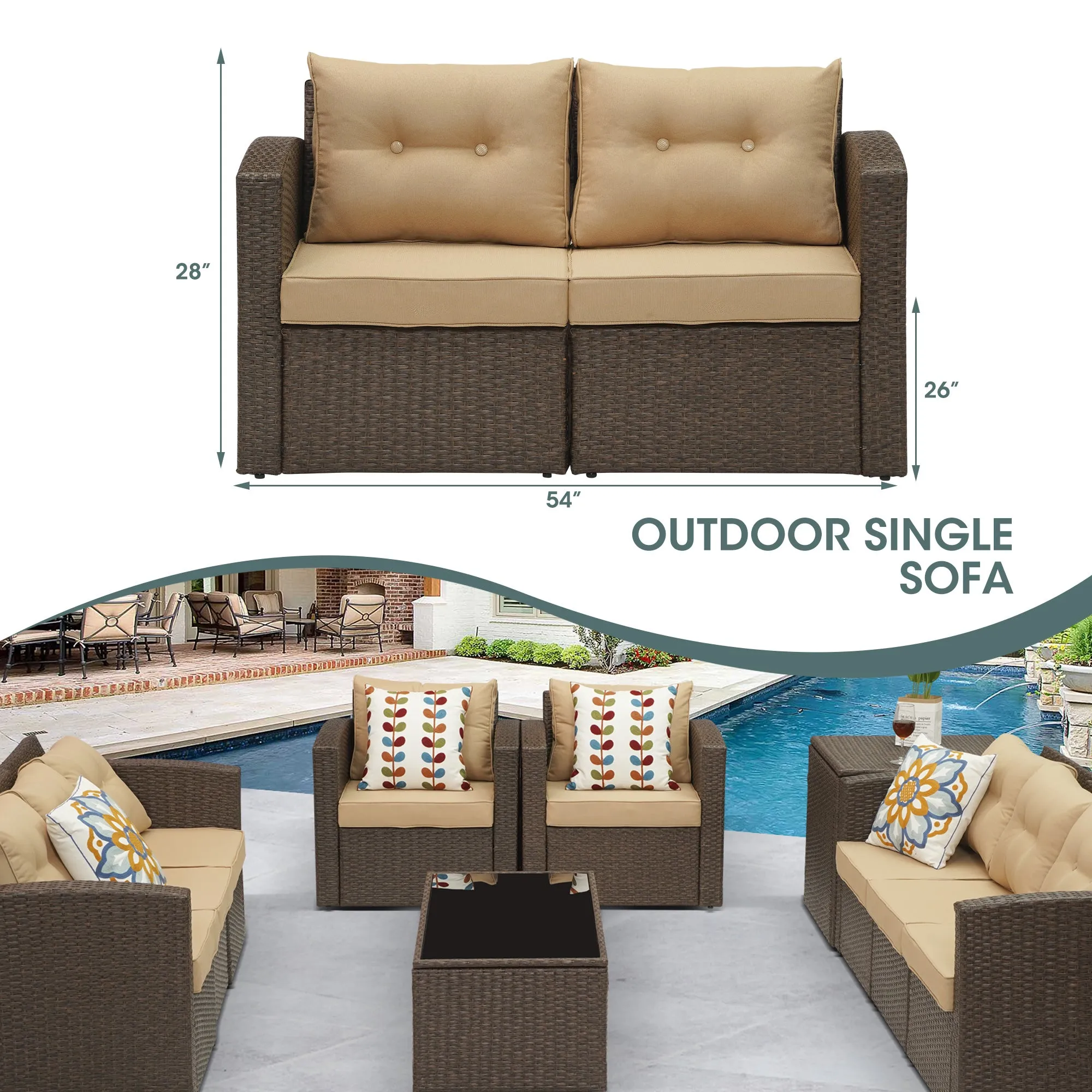 Outdoor Loveseat Patio Furniture Corner Sofa, All-Weather Brown Wicker 2-Piece Rattan Outdoor Sectional Couch Sofa Set with Non-slip Cushions,Aluminum Frame