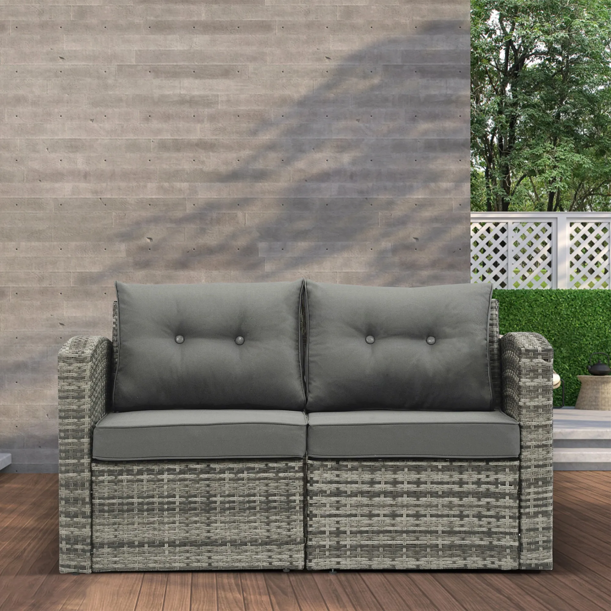 Outdoor Loveseat Patio Furniture Corner Sofa, All-Weather Brown Wicker 2-Piece Rattan Outdoor Sectional Couch Sofa Set with Non-slip Cushions,Aluminum Frame