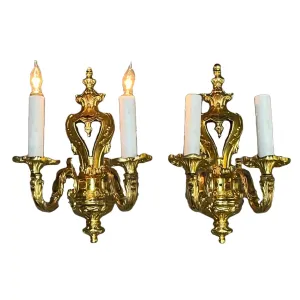 Pair Heavy Cast Brass Two Light Sconces ca 1910 #2430
